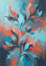 Turquoise and coral abstract floral watercolor featuring flowing botanical forms for elegant interiors
