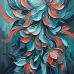 Turquoise and coral abstract floral watercolor featuring cascading botanical forms for elegant interiors