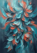 Turquoise and coral abstract floral watercolor featuring cascading botanical forms for elegant interiors