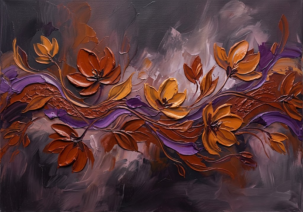 Botanical Current Abstract Floral Wall Art Copper & Plum Art Print