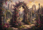 Rose and copper gothic garden wall art featuring a rose-covered Gothic stone arch