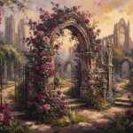 Rose and copper gothic garden wall art featuring a rose-covered Gothic stone arch