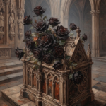 Chocolate and coral dark gothic wall art featuring cascading roses in a Gothic stone reliquary