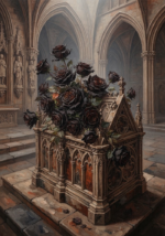 Chocolate and coral dark gothic wall art featuring cascading roses in a Gothic stone reliquary
