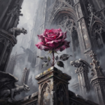 Graphite and rose gothic wall painting featuring a dark rose beneath Gothic cathedral arches