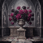 Graphite and rose gothic wall painting featuring a bouquet of dark roses in a Gothic stone urn