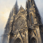 Charcoal and gold gothic cathedral wall art featuring soaring cathedral spires at sunrise