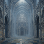 Dusty blue gothic wall art featuring a grand cathedral interior with soaring vaulted ceilings