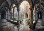 Sepia and violet gothic art poster featuring an elegant Gothic monastery cloister