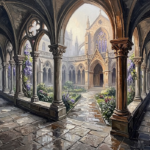 Sepia and violet gothic art poster featuring an elegant Gothic monastery cloister