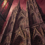 Merlot and antique gold gothic wall pictures featuring a soaring cathedral beneath a crimson sky for elegant interiors