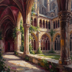 Merlot and antique gold gothic wall pictures featuring a peaceful Gothic cloister and arches