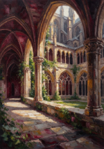 Merlot and antique gold gothic wall pictures featuring a peaceful Gothic cloister and arches