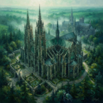 Emerald gothic canvas wall art featuring a cathedral surrounded by evergreen landscapes and mist