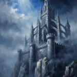 Silver and cobalt gothic canvas painting featuring a moonlit castle on granite cliffs