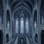 Silver and cobalt gothic canvas painting featuring a grand castle hall with moonlit windows