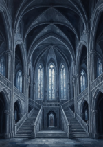Silver and cobalt gothic canvas painting featuring a grand castle hall with moonlit windows