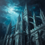 Cyan and graphite gothic posters featuring a moonlit Gothic castle beneath dramatic skies