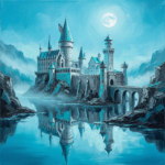 Cyan gothic posters featuring a moonlit castle reflected in a tranquil mountain lake