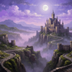 Mauve gothic home wall decor featuring a castle above misty cliffs and olive hills