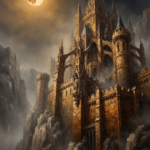 Honey bronze gothic wall canvas featuring a moonlit castle above granite cliffs