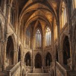 Honey bronze gothic wall canvas featuring a grand Gothic castle hall with warm moonlight