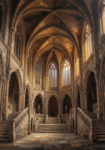 Honey bronze gothic wall canvas featuring a grand Gothic castle hall with warm moonlight