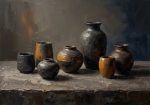Espresso gallery japandi artwork featuring minimalist ceramic vessels, textured surfaces, and earthy neutral tones