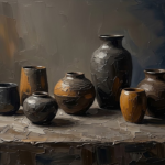 Espresso gallery japandi artwork featuring minimalist ceramic vessels, textured surfaces, and earthy neutral tones