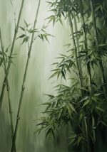 Moss and sage japandi wall art featuring bamboo stalks, textured leaves, and a minimalist vertical botanical composition
