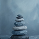 Dusty blue japandi style artwork featuring stacked river stones with a minimalist sculptural composition for elegant interiors
