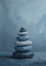 Dusty blue japandi style artwork featuring stacked river stones with a minimalist sculptural composition for elegant interiors