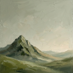 Moss and sage minimalist mountain painting featuring a solitary peak above rolling foothills for elegant interiors