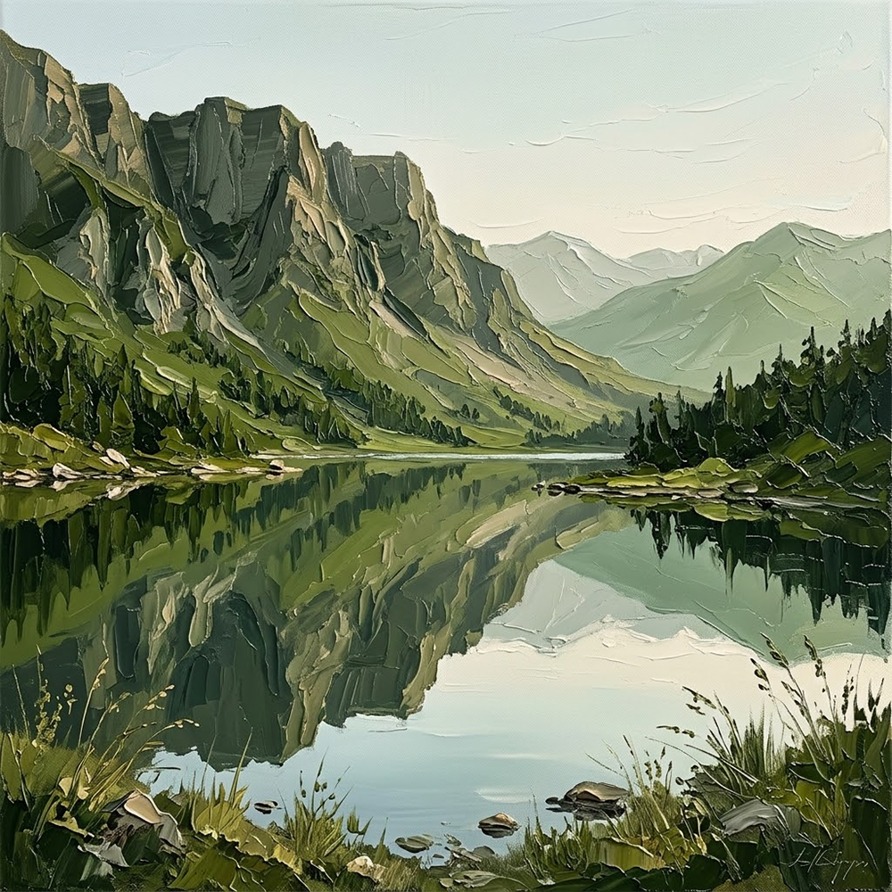 Alpine Echo Minimalist Mountain Painting Moss & Sage Art Print
