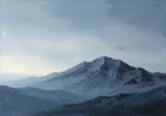 Dusty blue minimalist mountain wall art featuring a solitary mountain peak above layered foothills for elegant interiors