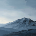 Dusty blue minimalist mountain wall art featuring a solitary mountain peak above layered foothills for elegant interiors