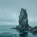Deep teal minimalist nature wall art print featuring a solitary sea stack above calm coastal waters for elegant interiors