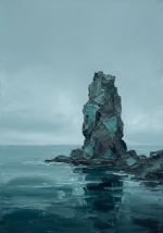 Deep teal minimalist nature wall art print featuring a solitary sea stack above calm coastal waters for elegant interiors