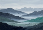 Slate and teal mountain minimalist art print featuring layered alpine ranges fading into soft mist for elegant interiors