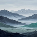 Slate and teal mountain minimalist art print featuring layered alpine ranges fading into soft mist for elegant interiors