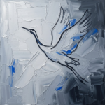 Silver and cobalt minimal line art print featuring a graceful soaring crane for elegant contemporary interiors