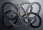Charcoal and gold minimalist abstract line art print featuring interlocking looping contours for elegant contemporary interiors