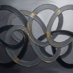 Charcoal and gold minimalist abstract line art print featuring interlocking looping contours for elegant contemporary interiors