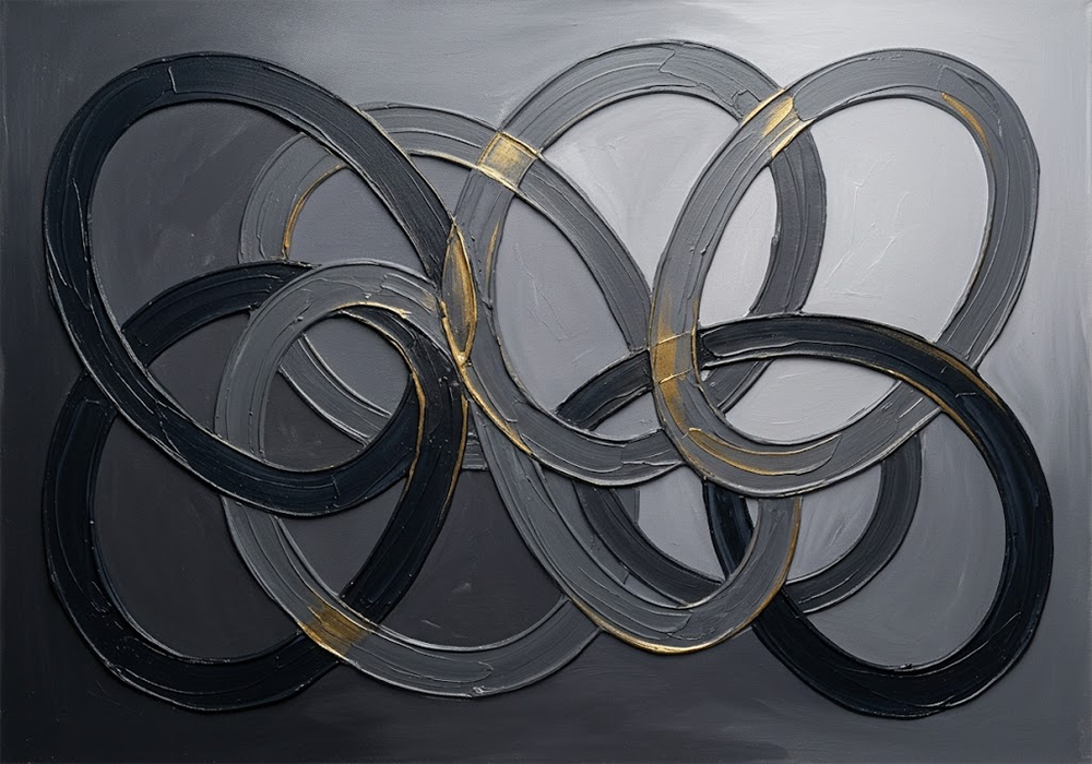 Echo Nexus Minimalist Abstract Line Art Charcoal & Gold Art Print
