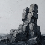 Graphite Museum neutral minimalist wall art featuring a monumental stone sculpture in graphite and silver-gray tones for sophisticated interiors