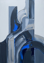 Silver and cobalt abstract art minimal featuring floating geometric abstract forms