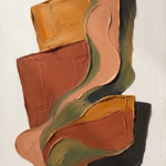 Clay and moss abstract minimalist wall art print featuring stacked abstract planes and flowing sculptural forms for elegant interiors
