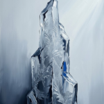 Silver and cobalt minimalist black and white wall art print featuring an icy sculptural abstract formation for elegant interiors