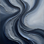 Silver and cobalt minimalist black and white wall art print featuring flowing abstract waves and layered sculptural forms for elegant interiors