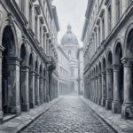 Graphite cityscape art black and white featuring historic façades and a distant domed building